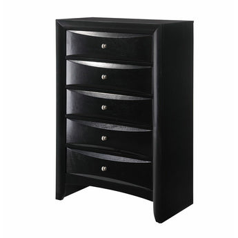 Emily Chest 5 Dovetail Drawers in Black finish. This beautiful wood chest adds a contemporary style highlight to your bedroom. It has five spacious drawers with silver brushed metal knobs.