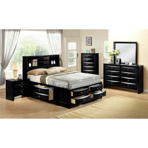 Emily 5-Piece Bedroom Set in Black. This stylish and sophisticated Emily bedroom sets brings contemporary style to your master bedroom. This set includes bed, chest, dresser, mirror, and nightstand,