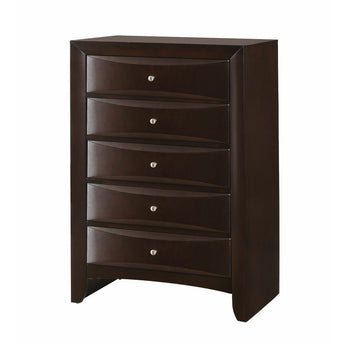 Emily Chest 5 Dovetail Drawers in Dark Cherry finish. This beautiful Emily chest adds a contemporary style highlight to your bedroom. It has five spacious drawers with silver brushed metal knobs.