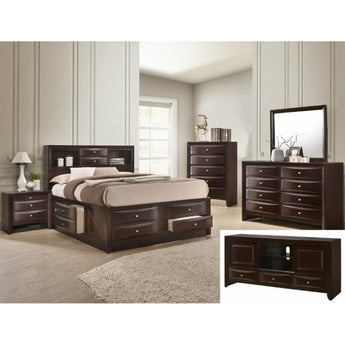 Emily 5-Piece Bedroom Set in Dark Cherry finish.. This stylish and sophisticated Emily bedroom sets brings contemporary style to your master bedroom. This set includes bed, chest, dresser, mirror, and nightstand.