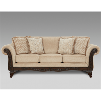 Emma Wheat Sofa features rolled arms, carved wood feet, and lavishly carved wood front rail. A matching loveseat is available.