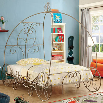 Enchant Twin Bed in Champagne. This beautiful coach design bed is filled with fun surprises! With its intricate, scrollwork pattern and its gorgeous color, our beautiful bed is more than worthy of a curtain call.