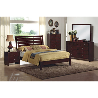 Evan 5-Piece Bedroom Set in Brown. This set includes bed, chest, dresser, mirror, and nightstand.