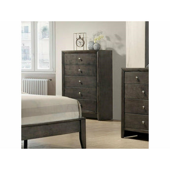 Evan Gray 5 Drawer Chest. Clean and understated in design, this five-drawer dresser adds sleek storage to the bedroom in your home. It features a raised base with 5 spacious storage drawers outfitted with silver burnished knob pull hardware and geometric styling.