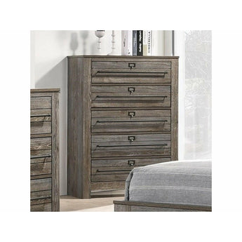 Bateson Brown 5 Drawer Chest with black metal bar drawer pulls.