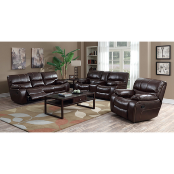 Brown reclining sofa, reclining loveseat with nailhead trim and recliner. Material is leather gel.