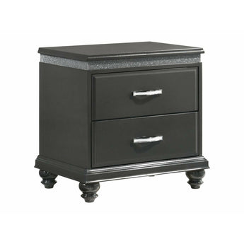 Frampton Nightstand in Dark Grey. Glamorous, elegant yet simple this Frampton bedroom nightstand offers it all. Clean, straight silhouettes are embellished by a touch of sparkle seen on the drawer pulls, knobs and edges.