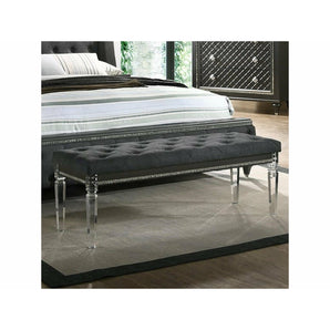 Giovani Button Tufted Upholstered Bench in Black- Create a striking look for your personal sanctuary with this modern, & glamorous bench from Giovani Collection. Features acrylic legs & button tufted upholstery with silver accents.
