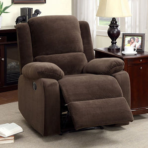 Haven Reclining Chair in Dark Brown. This Haven Reclining Chair is upholstered in plush dark brown flannelette fabric.