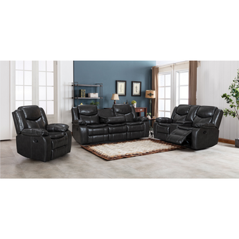 3 Piece Reclining Sofa in grey leather upholstery. Includes Reclining Sofa, Loveseat and Recliner.