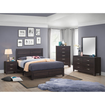 Hopkins 5-Piece Bedroom Set in Brown. This set includes bed, chest, dresser, mirror, and nightstand.