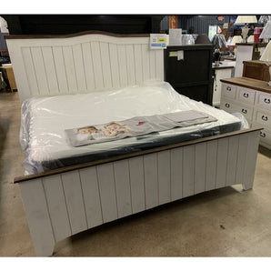 King Rustic Curved Headboard Bed Frame in White/Brown