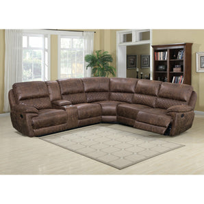 Cimarron Reclining Sectional is upholstered in a poly blend fabric with pocket coil seating. It has two recliners on each end of the sectional. LAF section has a console storage w/ USB outlets. Rustic style.