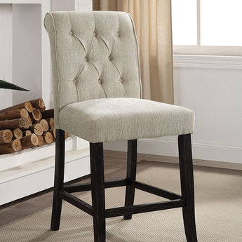 Izzy Counter Height Chair in Antique Black/Beige. Features button tufted, scrolled back, antique black legs.