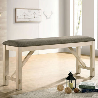 Jamestown Counter Height Bench in Ivory/Gray. The ivory finish feels welcoming, and with the soft fabric seat, it's decidedly country with a touch of contemporary flair.