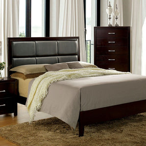 Janine Leatherette Bed in Espresso. The biscuit-style, padded leatherette headboard is the standout feature of this contemporary Janine bed finished in espresso.