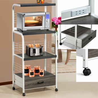 Kitchen Shelf on Casters in White/Grey. It has three shelves and and a bottom drawer that helps hold all your needs in the kitchen. This kitchen cart has a mounted power strips.