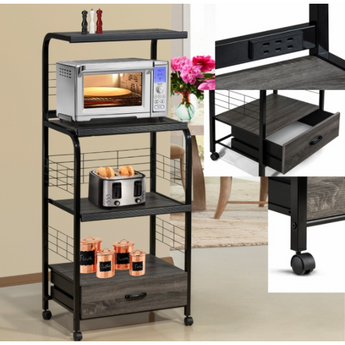 Kitchen Shelf on Casters in Black. It has three shelves and and a bottom drawer that helps hold all your needs in the kitchen. This kitchen cart has a mounted power strips.