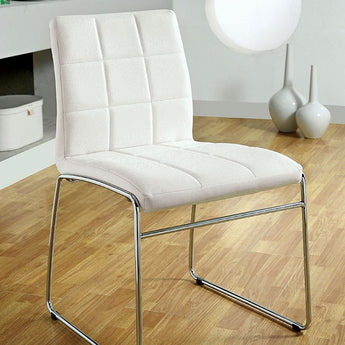 This Kona dining chair offers modern design. These side chairs have silver chrome legs and stylish white leatherette seats.