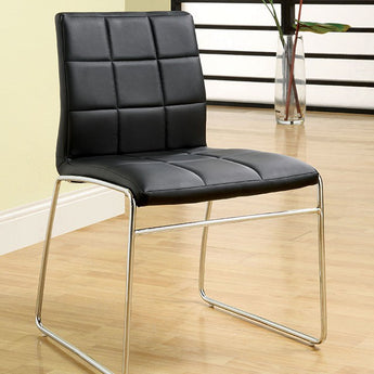 This Kona dining chair offers modern design. These side chairs have silver chrome legs and stylish black leatherette seats. Available in 2 colors.