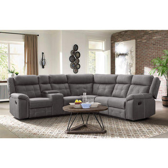 3 Piece Reclining Sectional upholstered in grey microfiber