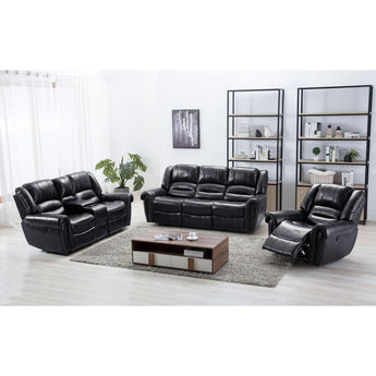 Black Reclining Sofa, Reclining loveseat with cup holder and recliner with nailhead trim.