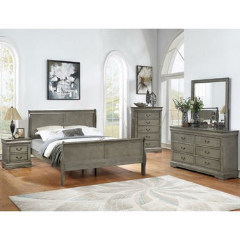 Louis Philip 4-Piece Bedroom + Mattress Set is a classic collection and finished in grey. These pieces feature modern-looking finishes and designs of clean lines. This set includes bed, dresser & mirror, nightstand and a mattress. Available in King & Queen Size.