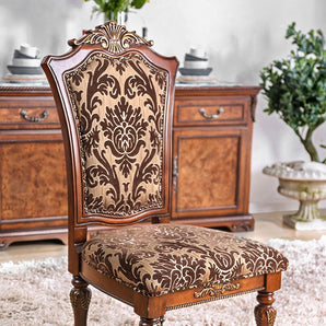 Lucie Side Chair in Brown Cherry- made of fabric, solid wood and wood veneer, floral print on fabric, elegant formal dining chair, intricate carved details
