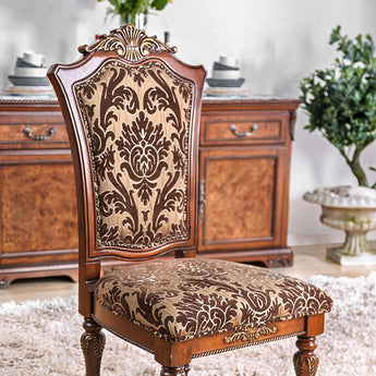 Lucie Side Chair in Brown Cherry- made of fabric, solid wood and wood veneer, floral print on fabric, elegant formal dining chair, intricate carved details