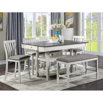 Nina Counter Height Dining 6pc Set -Chalk- Light grey upholstered seats and sturdy white wooden legs. This set includes 1 table, 4 chairs and 1 bench. The table has storage drawers.