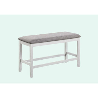 Nina Counter Height Bench in Chalk/Grey. Upholstered seat and sturdy wooden legs.