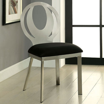 Orla Side Chair in Silver/Black- sturdy metal construction, oval back design, padded microfiber seats, powder coated satin plated
