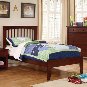 Pine Brook Twin Bed in Cherry- solid wood, wood veneer, mission style, paneled headboard, slat kit included