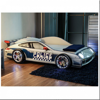 Poe Twin Race Car Bed- MDF, particle board, painted edges, LED Night Lights on Headlights & Wheels, high gloss surface, metal supports, slat kits inlcuded
