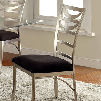 Roxo Contemporary Side Chair in Silver & Black Color. Features padded microfiber cushions, elegant back design and metal frames with satin plated powder coating.