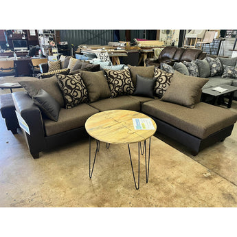 2 Piece Brown Sofa and Chaise Sectional in leather and fabric upholstery.