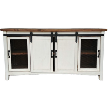 Farmhouse 71" TV Stand with Sliding Doors in White. Crafted from 100% solid wood.