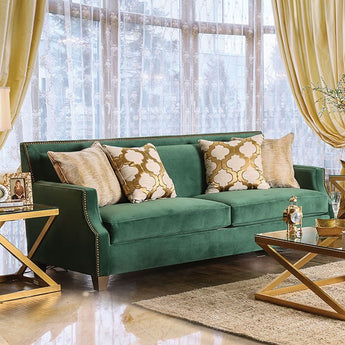 Verdante Microfiber Sofa in Emerald Green- features foam-filled padding for a comfortably firm seat, dramatic curved arms and a raised panel back accentuated with gorgeous nailhead trim, accent gold pillows included
