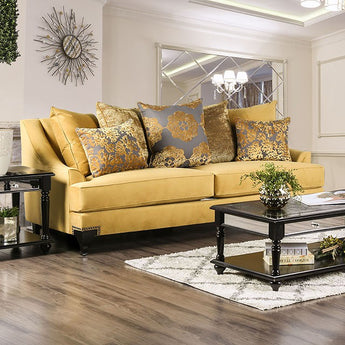Viscontti Sofa in Gold- velvet-like fabric, nailhead trim, t-cushion seating, pillows included