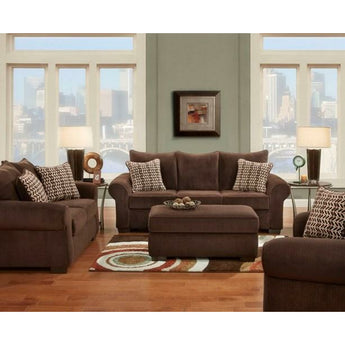 Chevron Mink Sofa Collection comes in a beautiful chocolate fabric. It features loose padded back pillows, padded seat cushions, and padded sock arms. It stands on wooden feet and has contrasting accent pillows.