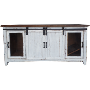 Distressed White 71" TV Stand. Bring a touch of elegant, mid-century-inspired style to your home with this tv stand. Handcrafted from solid wood. It features 2 sliding barn doors.