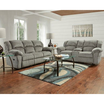 Allure Grey Reclining Sofa Set. It is made from 100% polyester fabric. 2pc includes sofa and loveseat. 3pc includes sofa, loveseat and recliner.