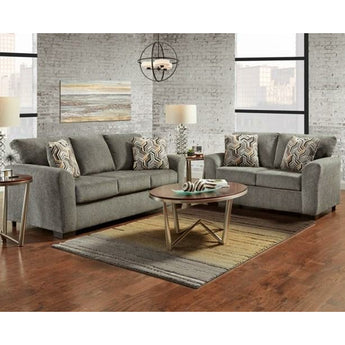 Allure Grey Sofa and Loveseat. This set is grey in color and comes with several decorative throw pillows. Made from 100% polyester fabric that is durable and soft to touch. Made in America,.