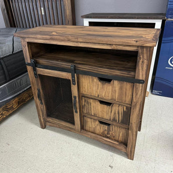 rustic style tv stand solid wood. in brown with 3 drawers alot of storage and tv space