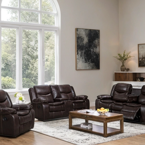 Reno Brown leather reclining sofa set that includes reclining sofa, reclining loveseat and reclining glider chair.