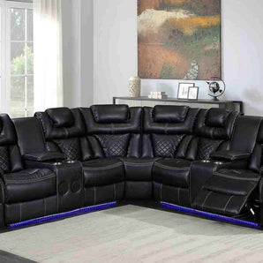 Alexa2023 black reclining sectional with LED strips under footrest