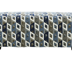 A stylish, blue-grey polyester fabric ottoman for modern interiors.
