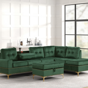 Anserra green velvet reversible sectional with a drop-down cup holders and storage ottoman.