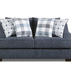The Belhaven Loveseat offers inviting style, sturdy hardwood frame, plush cushioning, and blue fabric upholstery. Comfort and sophistication combine!