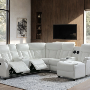 Champion white reclining sectional. It includes 2 Recliners + Push Back Chaise, Bluetooth Speaker, Smart Phone Charging Pad, USB/USB-C and Charging Ports.